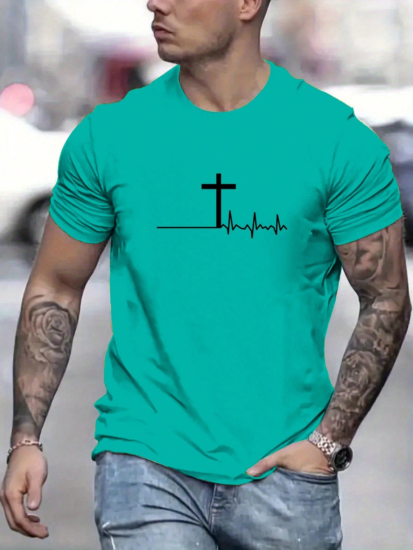 Manfinity Homme Men Summer Casual Short Sleeve T-Shirt With ECG And Cross Print