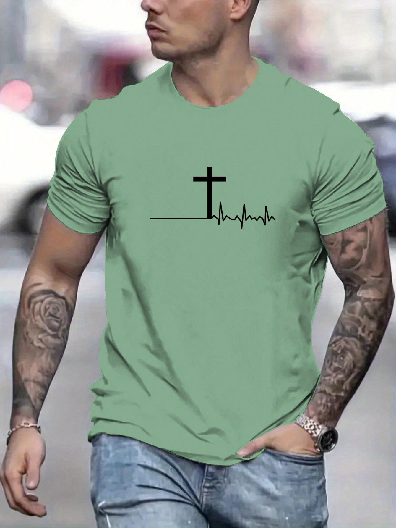 Manfinity Homme Men Summer Casual Short Sleeve T-Shirt With ECG And Cross Print