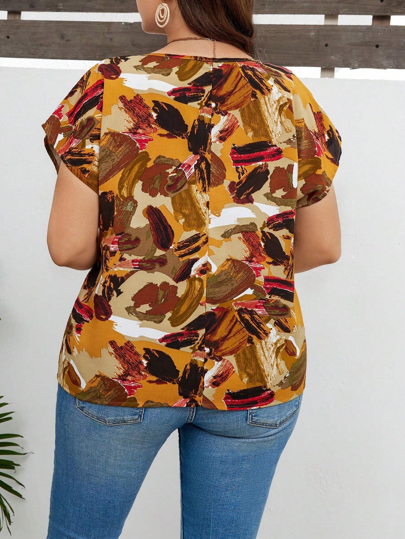 VCAY Plus Size Women's Summer Batwing Short Sleeve Casual Shirt With Brush Prints