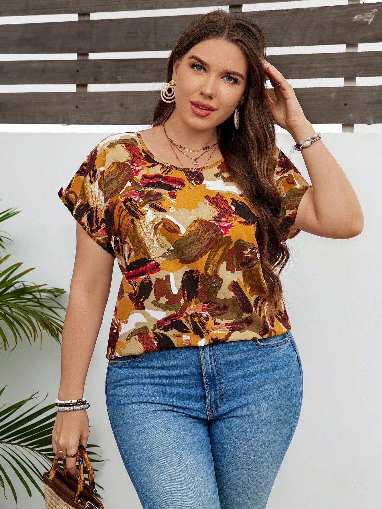 VCAY Plus Size Women's Summer Batwing Short Sleeve Casual Shirt With Brush Prints