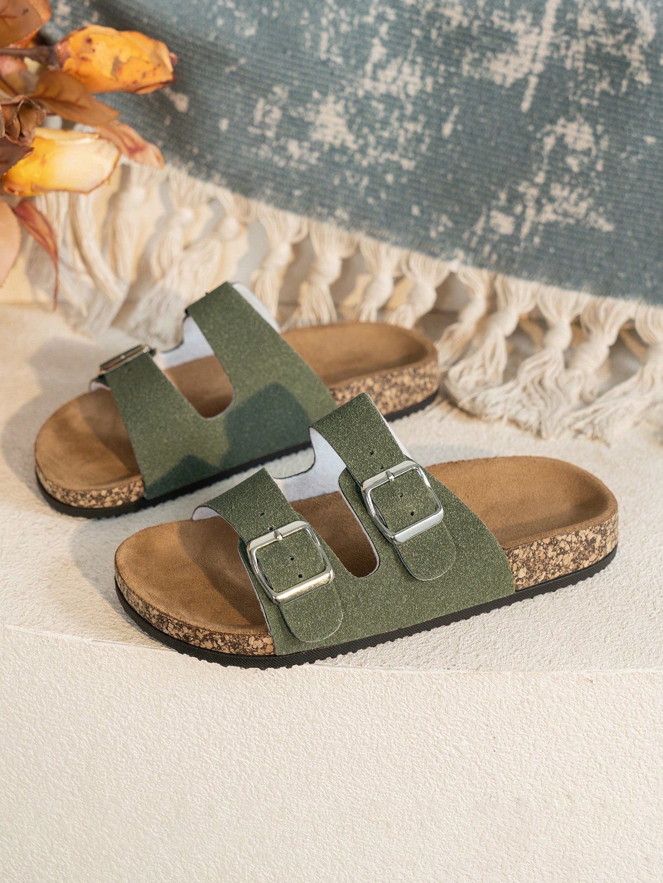 Trendy And Fashionable Buckle Flat Cork Slippers With Vacation Vibes For Men And Women, One-Button Outdoor Casual Sandals For Summer Beach