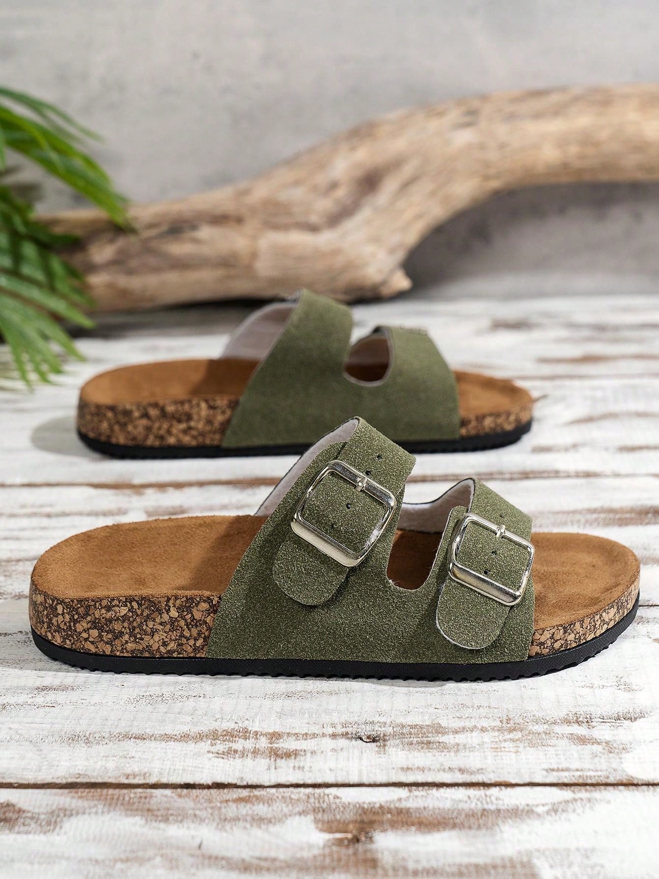 Trendy And Fashionable Buckle Flat Cork Slippers With Vacation Vibes For Men And Women, One-Button Outdoor Casual Sandals For Summer Beach