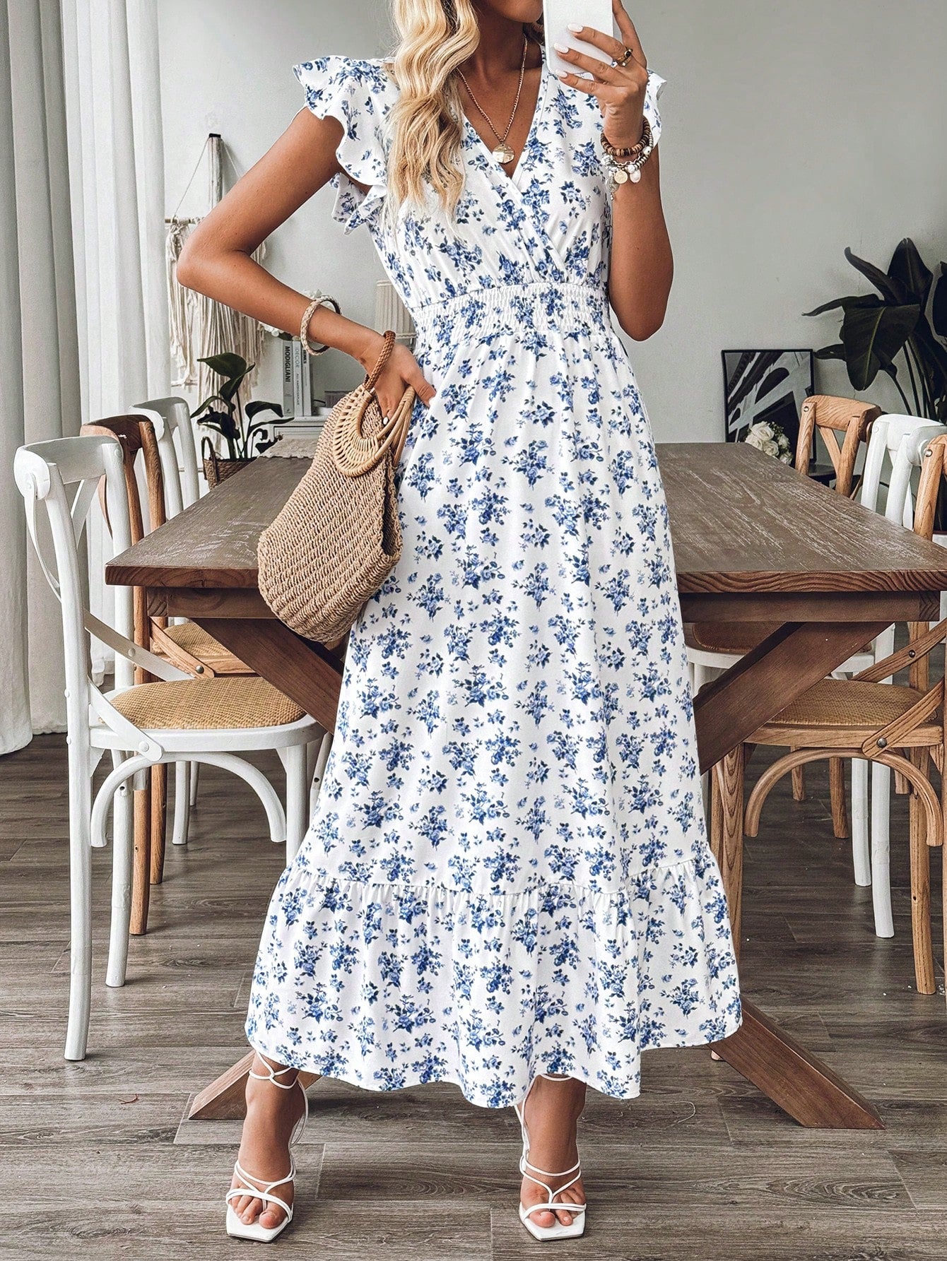 LUNE Floral Print V-Neck Ruffle Hem Dress