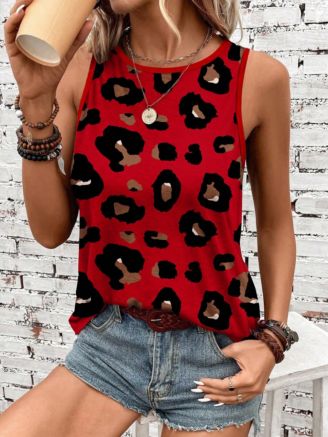 LUNE Leopard Printed Round Neck Casual Skinny Fit Women's Tank Top