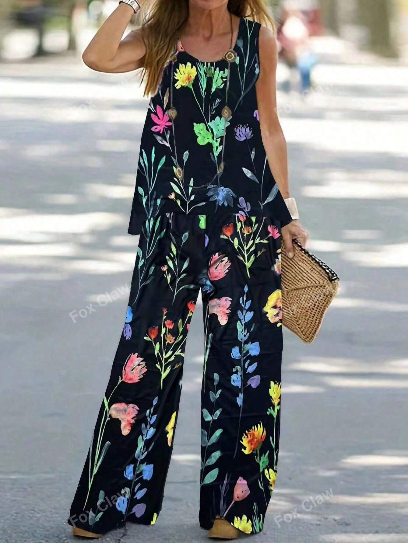 Plus Printed Tank Top And Wide Leg Trousers  Set