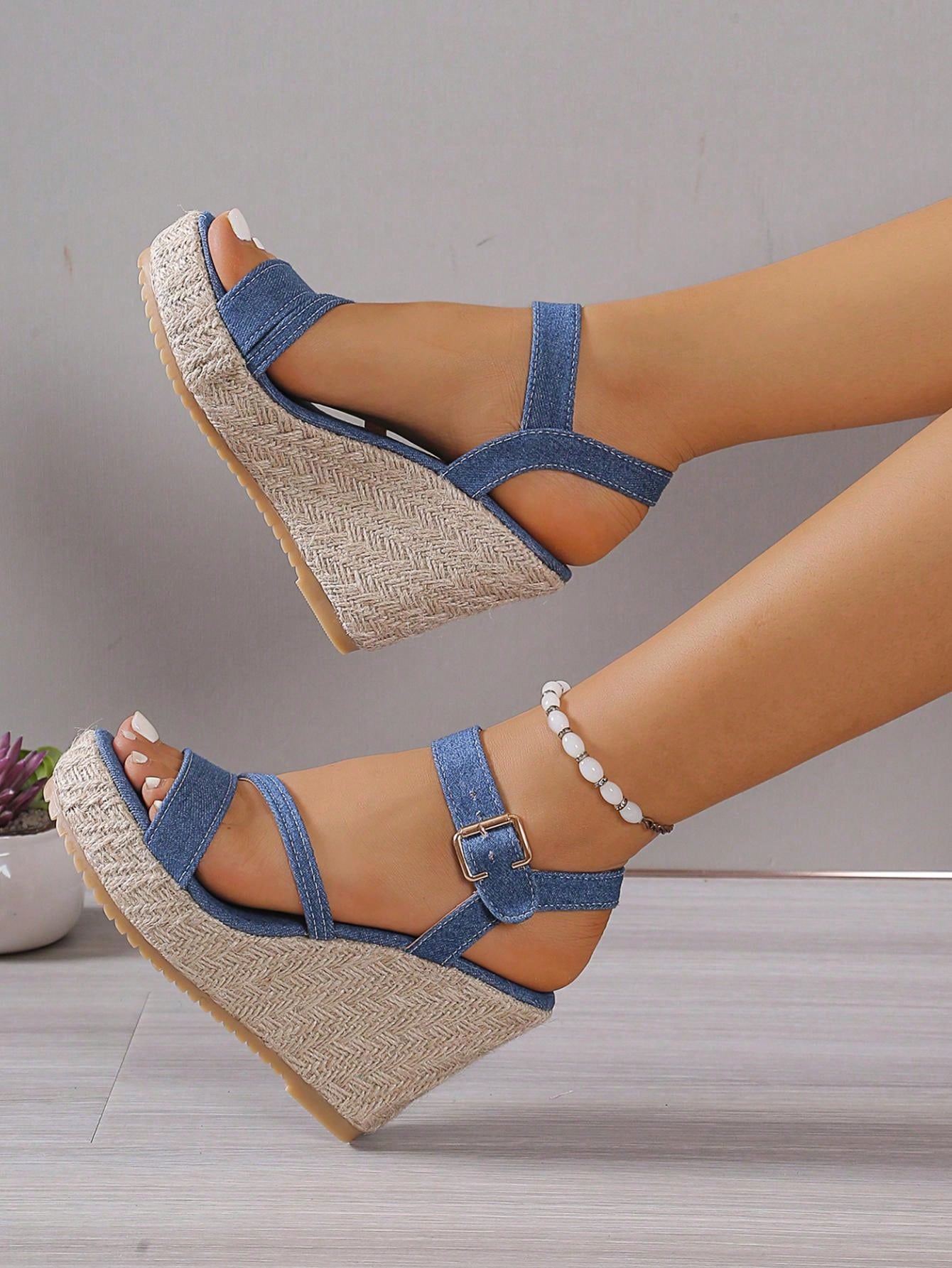 Blue Summer Vacation Style Wedge Heel Sandals With Woven Straw Bottom For Women In Sizes 35-43, Featuring Buckle Strap Design & Thick Platform Sole With Jute Braid, Retro Fashion High Heel Shoes For Women