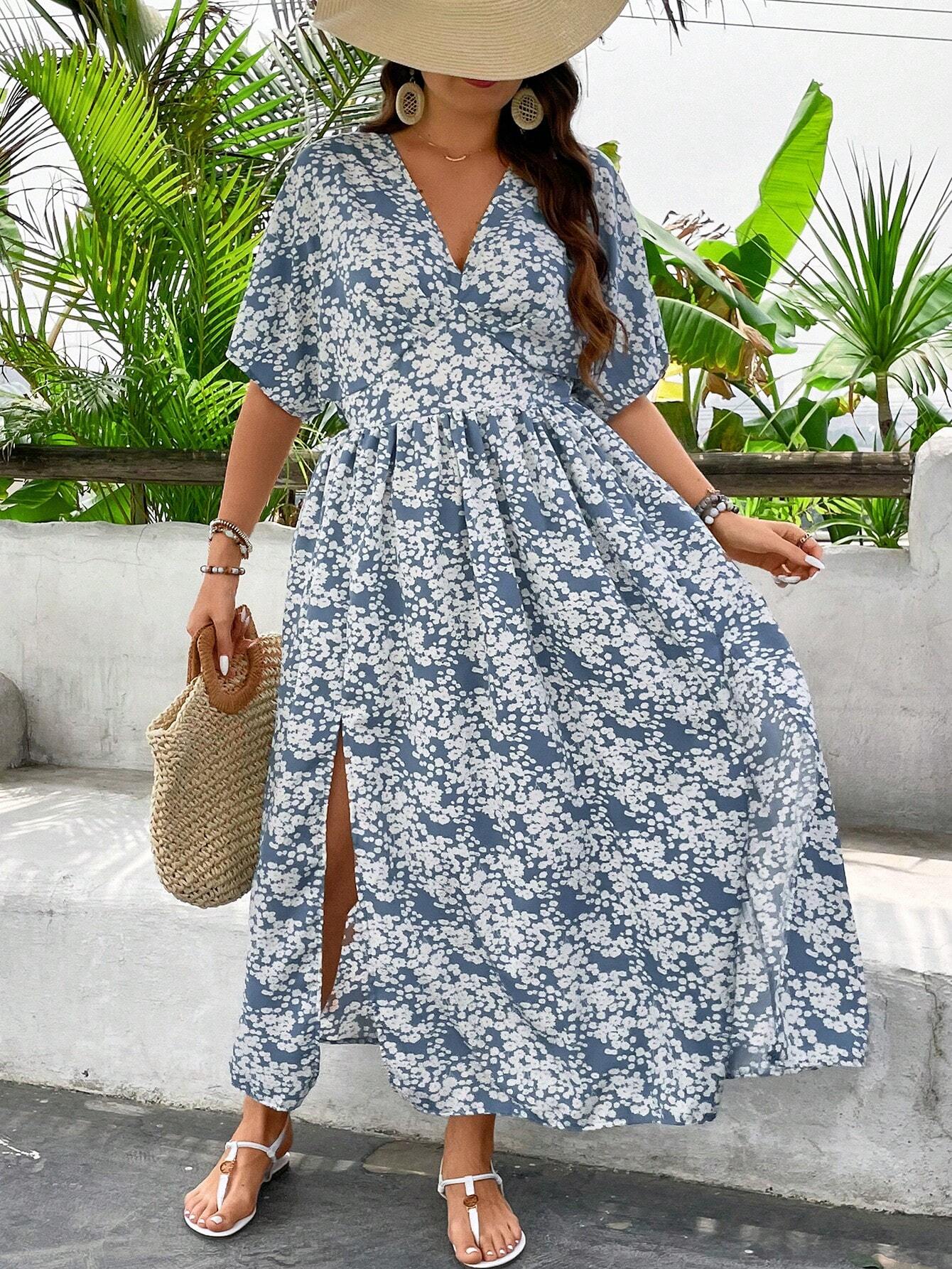 SHEIN VCAY Plus Size Resort V-Neck Ditsy Floral Batwing Sleeve Split Hem Long Dress