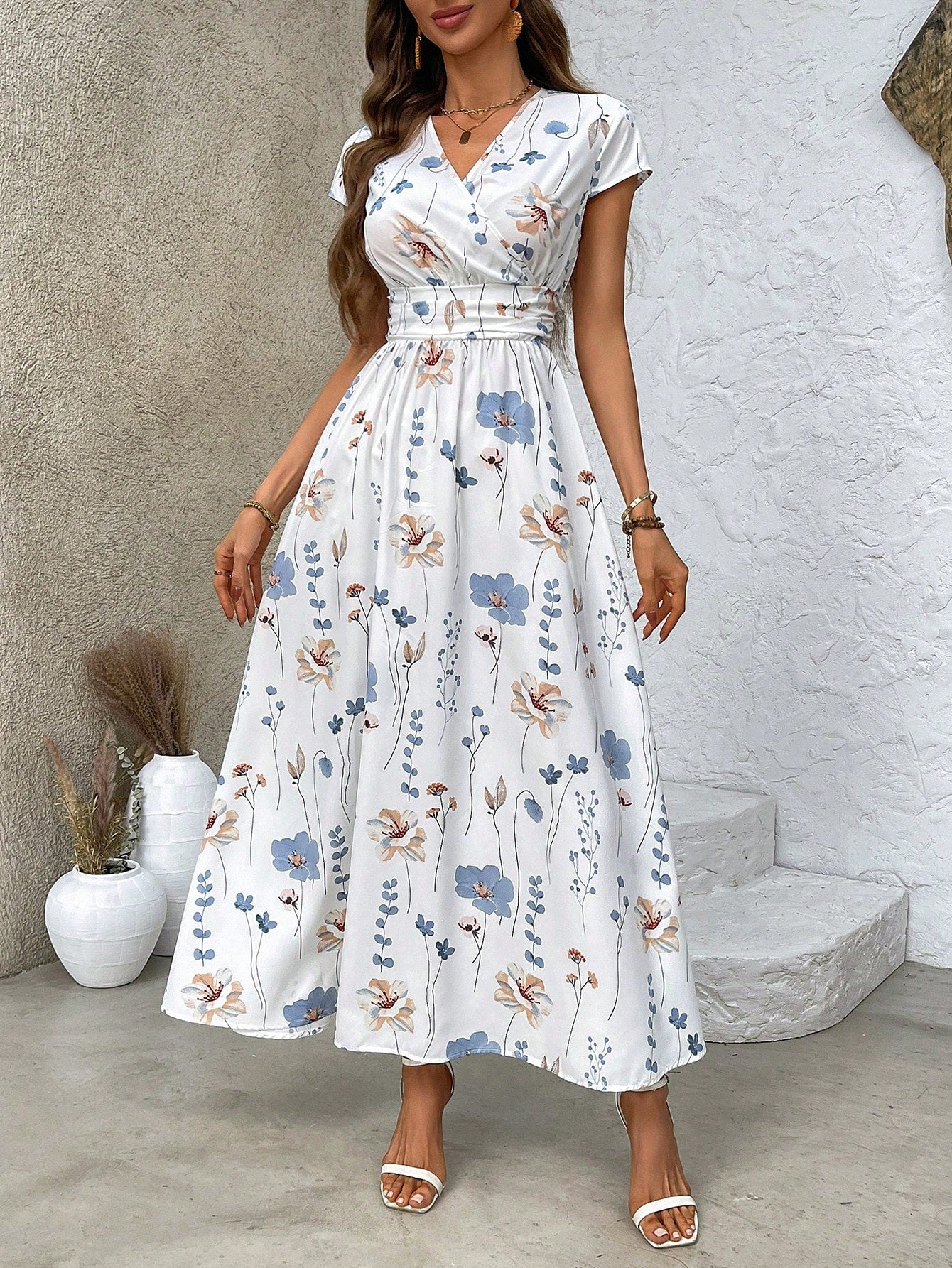 Belle Women Floral Print Surplice Neckline Waist Ruched Vacation Dress For Summer