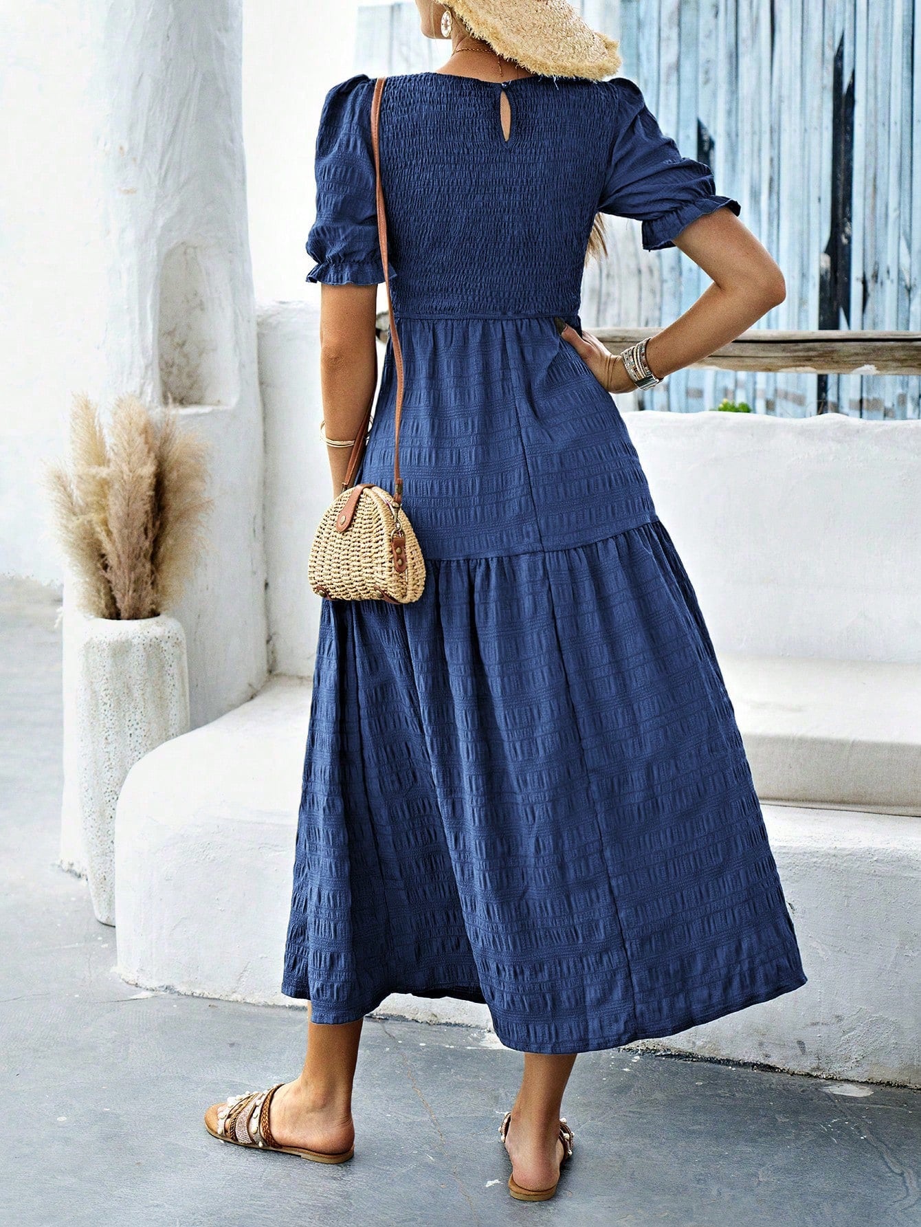 LUNE Women Summer Solid Round Neck Short Bubble Sleeve Casual Long Elegant Pleated Dress