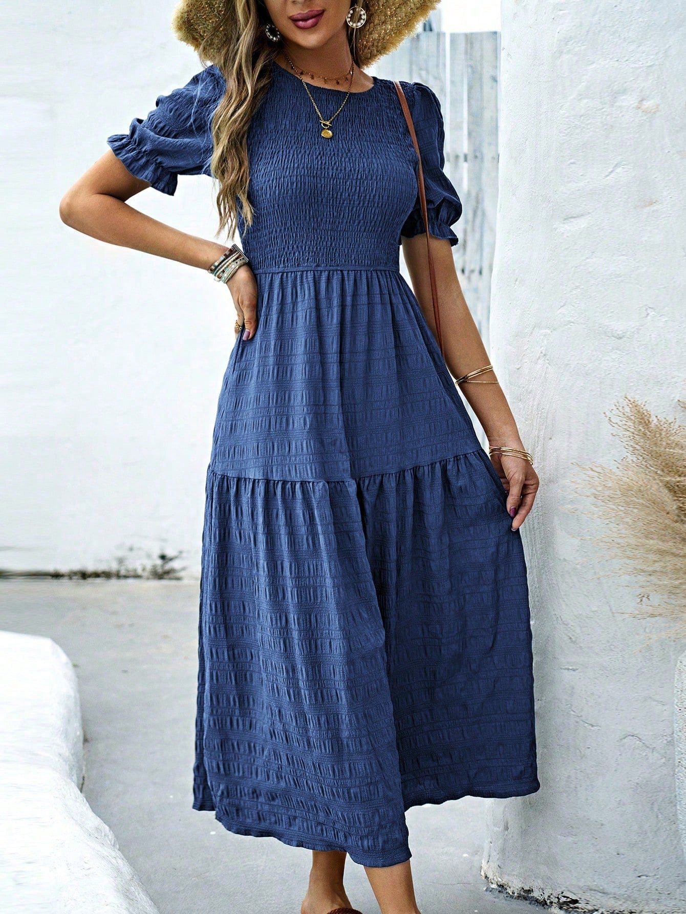 LUNE Women Summer Solid Round Neck Short Bubble Sleeve Casual Long Elegant Pleated Dress