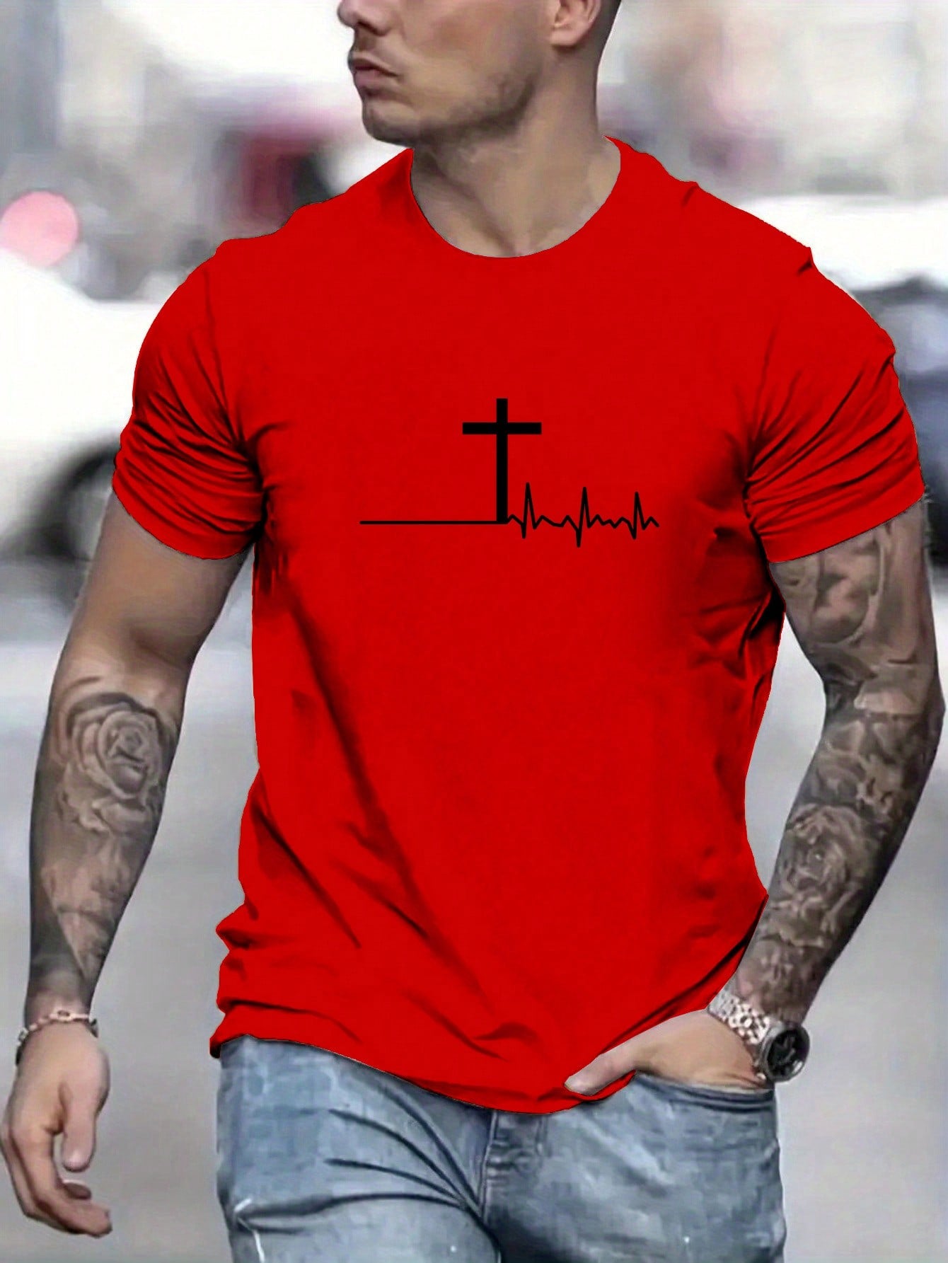 Manfinity Homme Men Summer Casual Short Sleeve T-Shirt With ECG And Cross Print