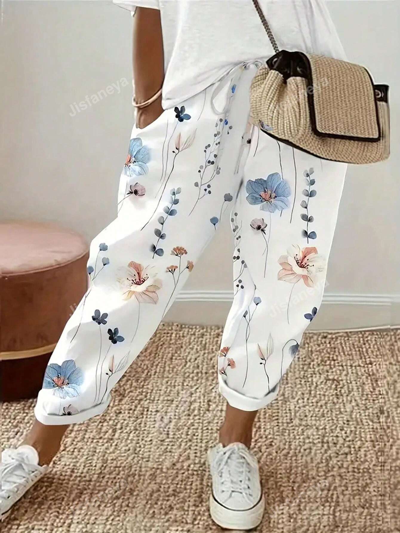 Women Floral Printed Drawstring Loose Casual Pants With Slanted Pockets