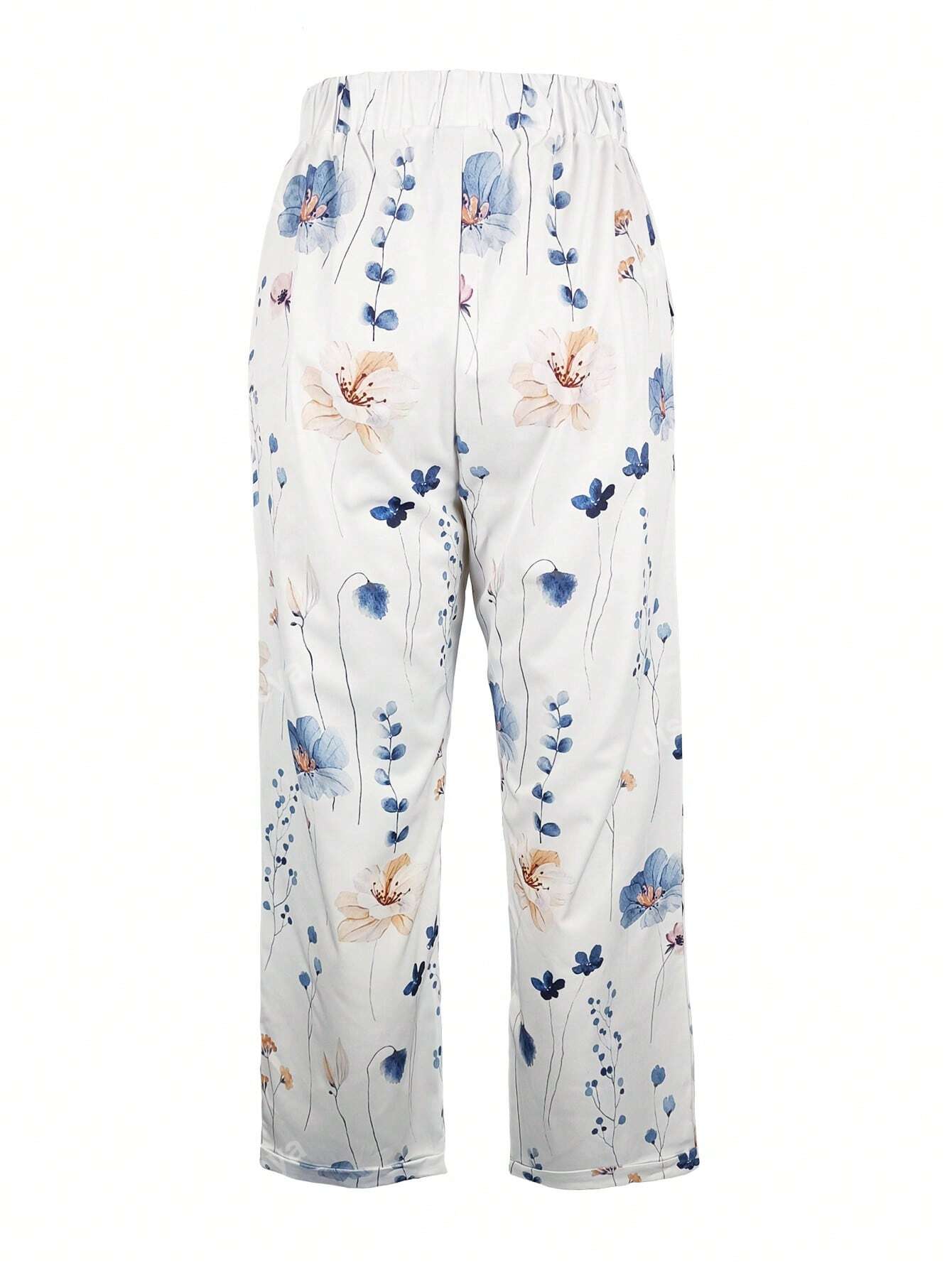 Women Floral Printed Drawstring Loose Casual Pants With Slanted Pockets