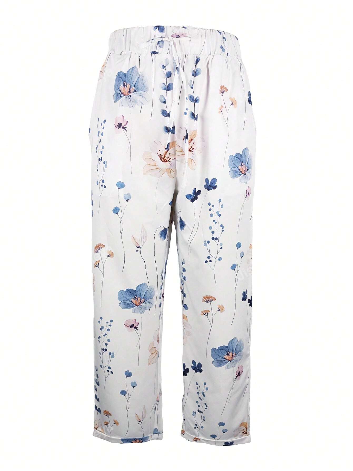 Women Floral Printed Drawstring Loose Casual Pants With Slanted Pockets