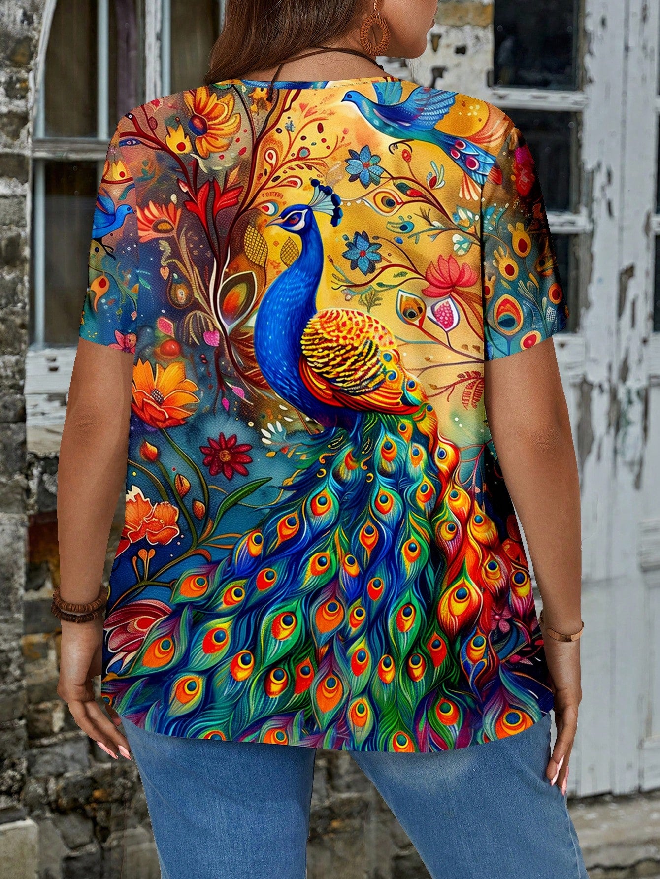 EMERY ROSE Summer Casual Retro Peacock Pattern Printed Short Sleeve Jumpsuit Plus Size Women's T-Shirt