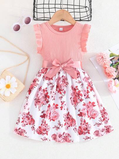 Young Girl Summer New Arrival Fashionable Dress With Ruffle Cuffs And Pocket Design, Featuring Floral Print And Striped Patchwork Details