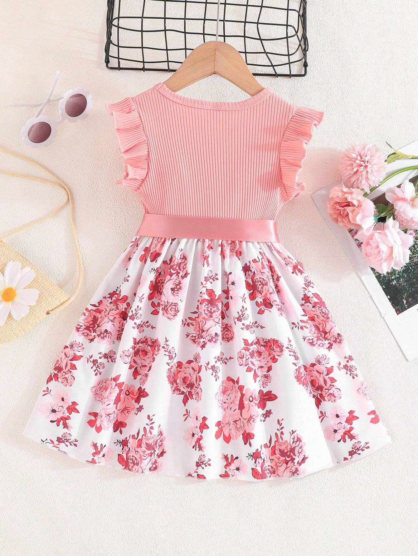 Young Girl Summer New Arrival Fashionable Dress With Ruffle Cuffs And Pocket Design, Featuring Floral Print And Striped Patchwork Details