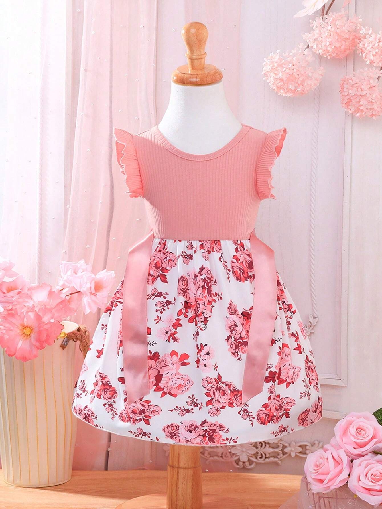 Young Girl Summer New Arrival Fashionable Dress With Ruffle Cuffs And Pocket Design, Featuring Floral Print And Striped Patchwork Details