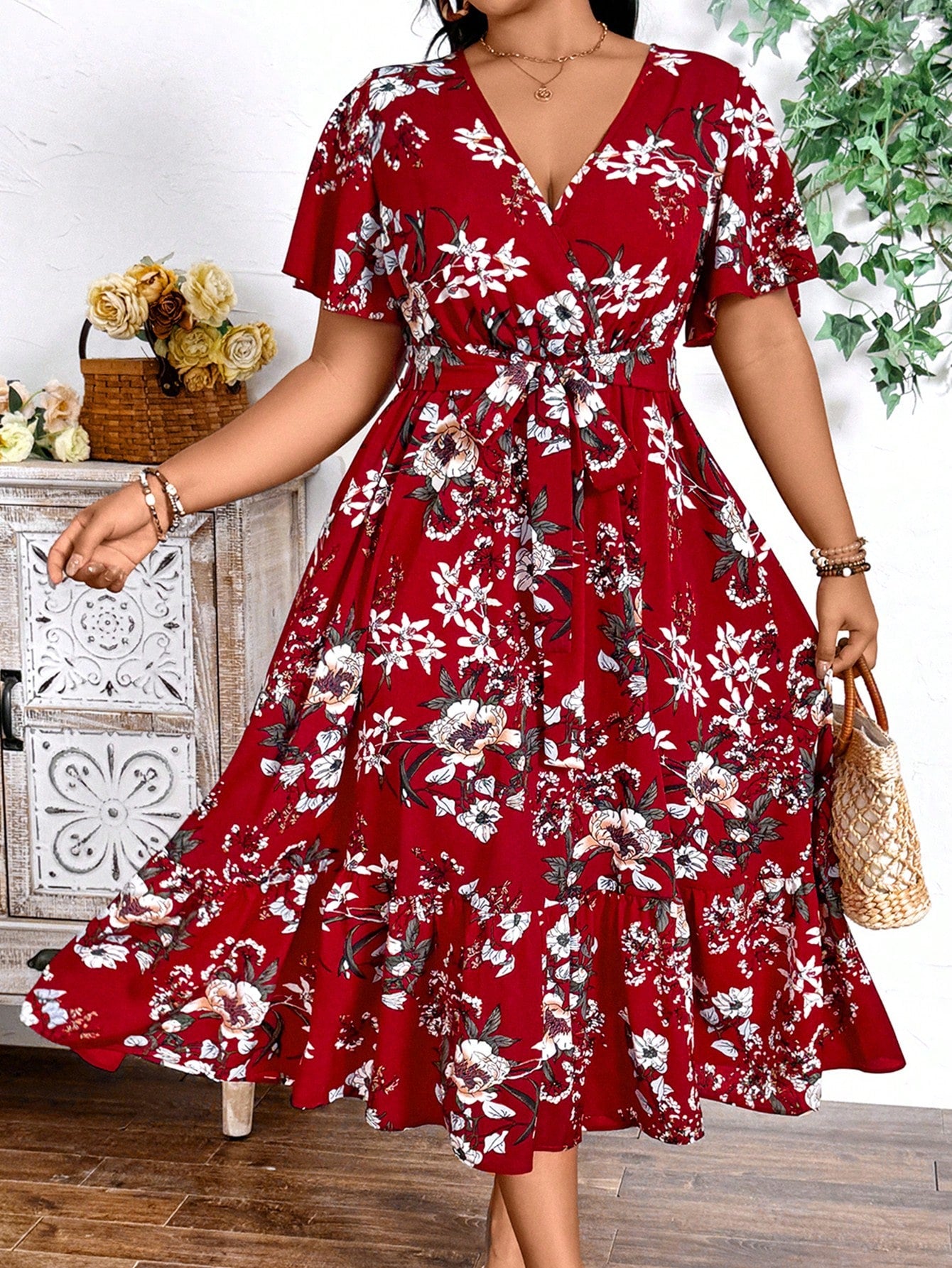 Plus Size Holiday Floral Print Dress Maxi Women Outfit