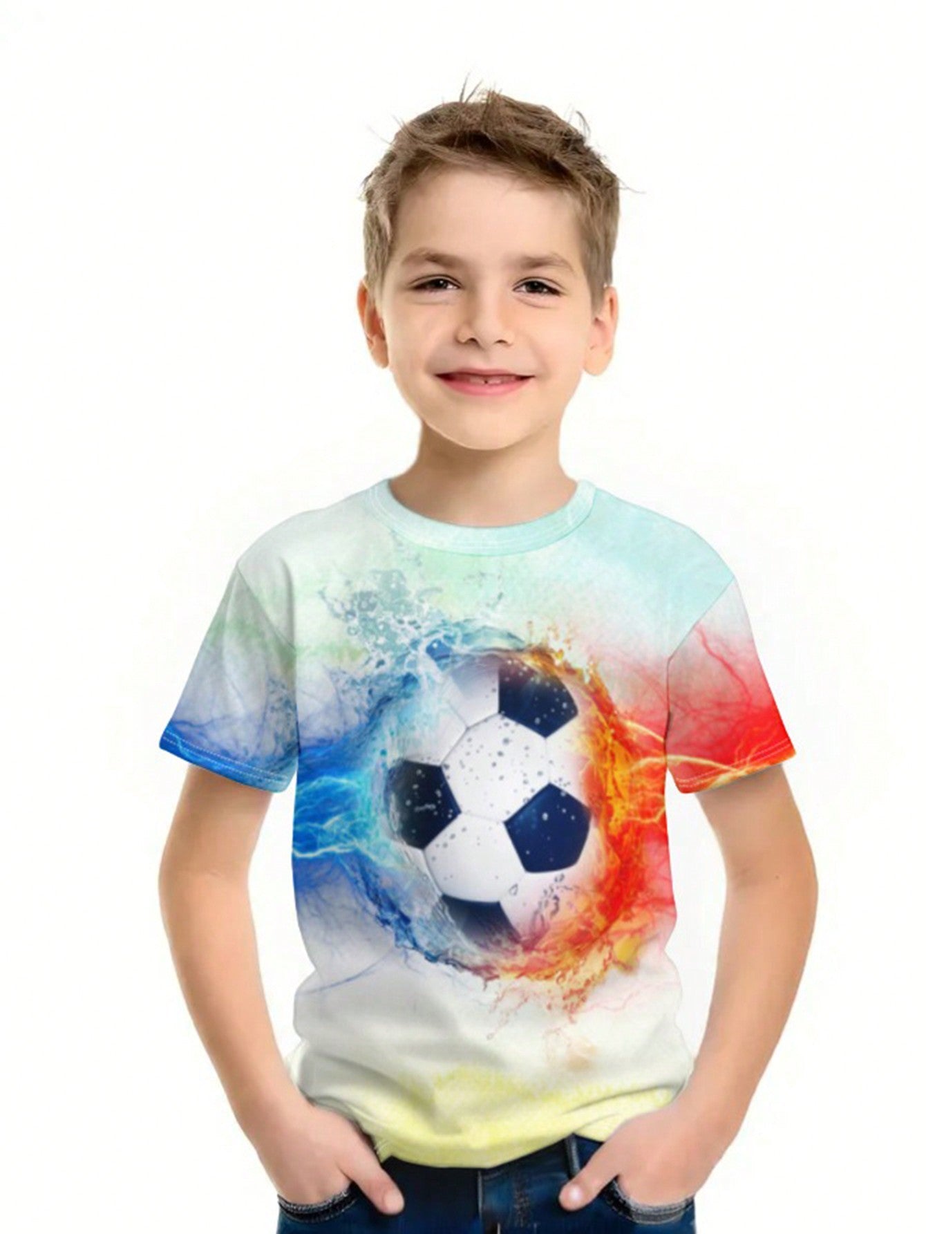 Tween Boy Flame Soccer, Lightning Soccer, Casual Simple Short Sleeve Round Neck T-Shirt Suitable For Summer