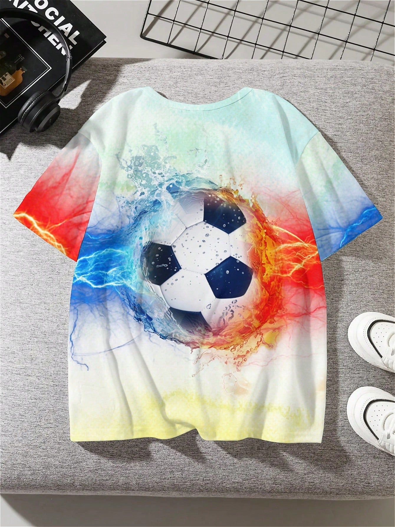 Tween Boy Flame Soccer, Lightning Soccer, Casual Simple Short Sleeve Round Neck T-Shirt Suitable For Summer