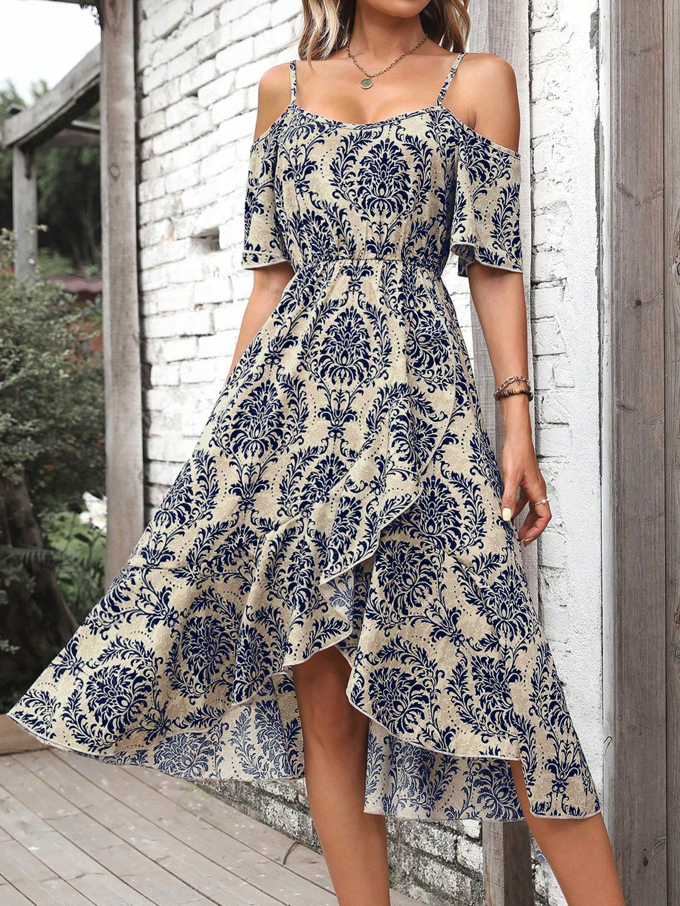 Allover Print Cold Shoulder Ruffle Hem Dress