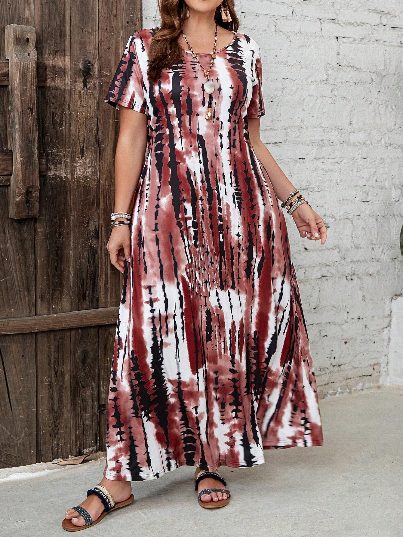 EMERY ROSE Plus Size Vacation Casual Tie-Dye Printed Long Dress