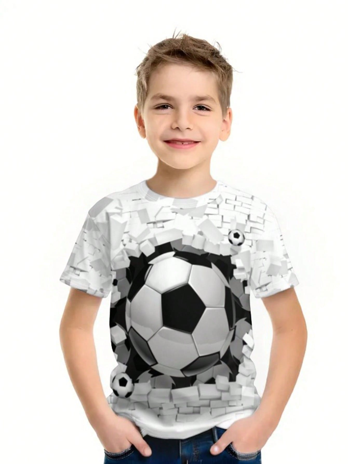 Tween Boy Flame Soccer, Lightning Soccer, Casual Simple Short Sleeve Round Neck T-Shirt Suitable For Summer