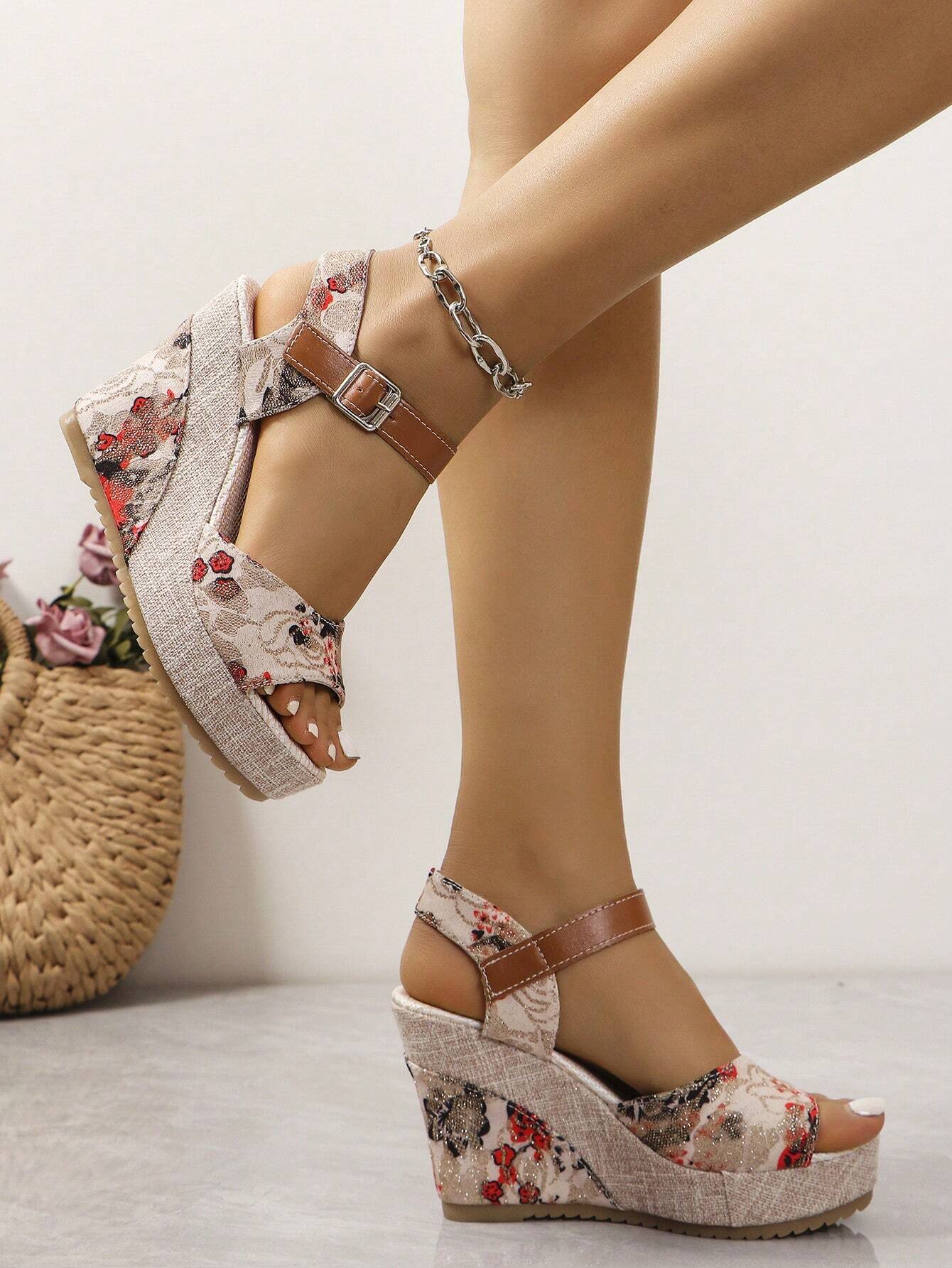 Women's Wedge Heel & Thick Platform Open Toe Sandals, Ankle Strap Buckle & Floral Print Espadrilles Summer New Arrival