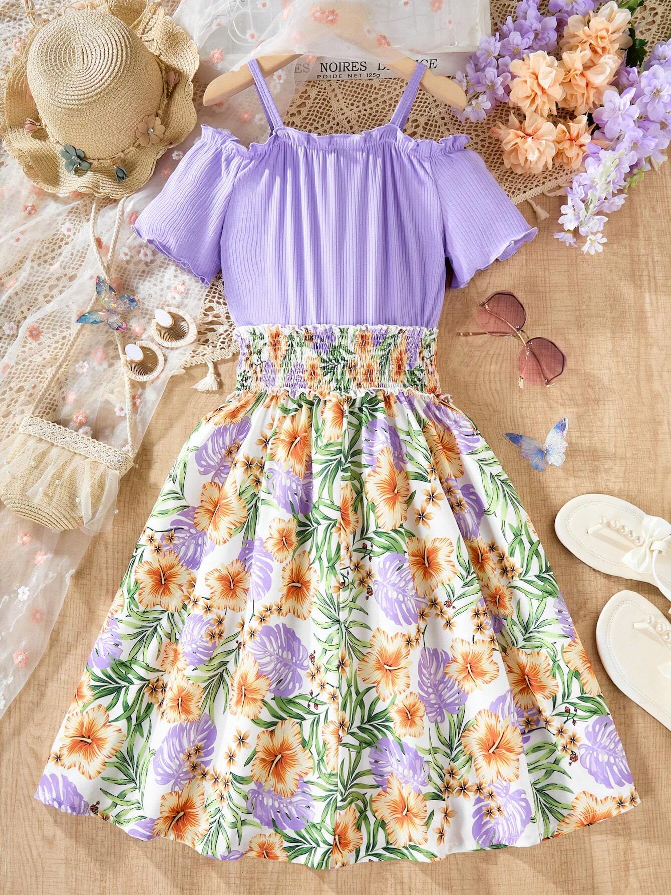 Teenage Girl Tropical Plant Print Open Shoulder Short Sleeve Dress