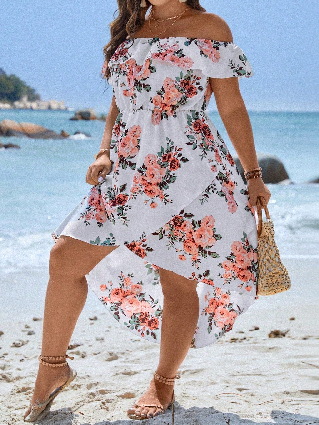 VCAY Plus Size Floral Print Off Shoulder Wrap Hem Dress