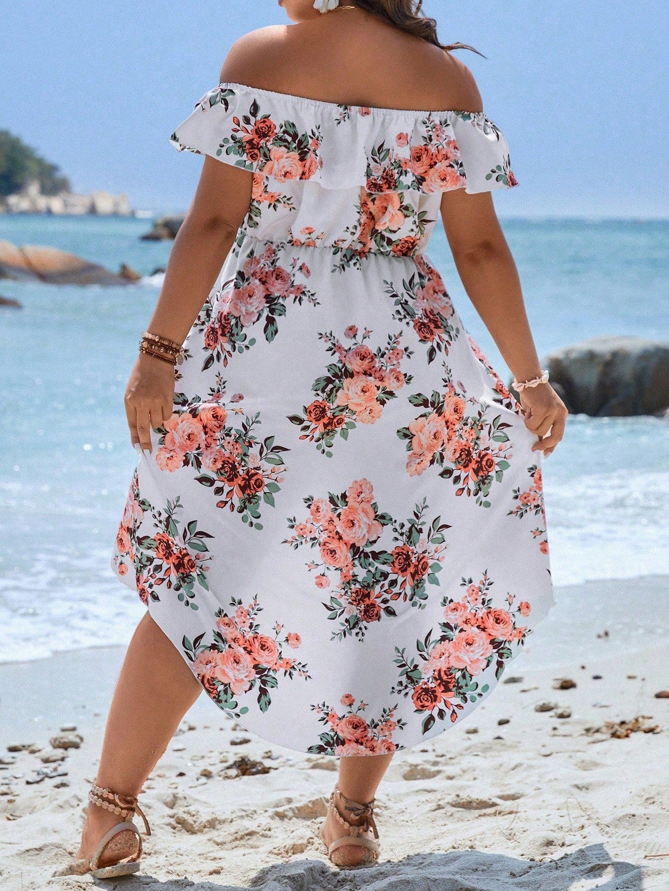 VCAY Plus Size Floral Print Off Shoulder Wrap Hem Dress