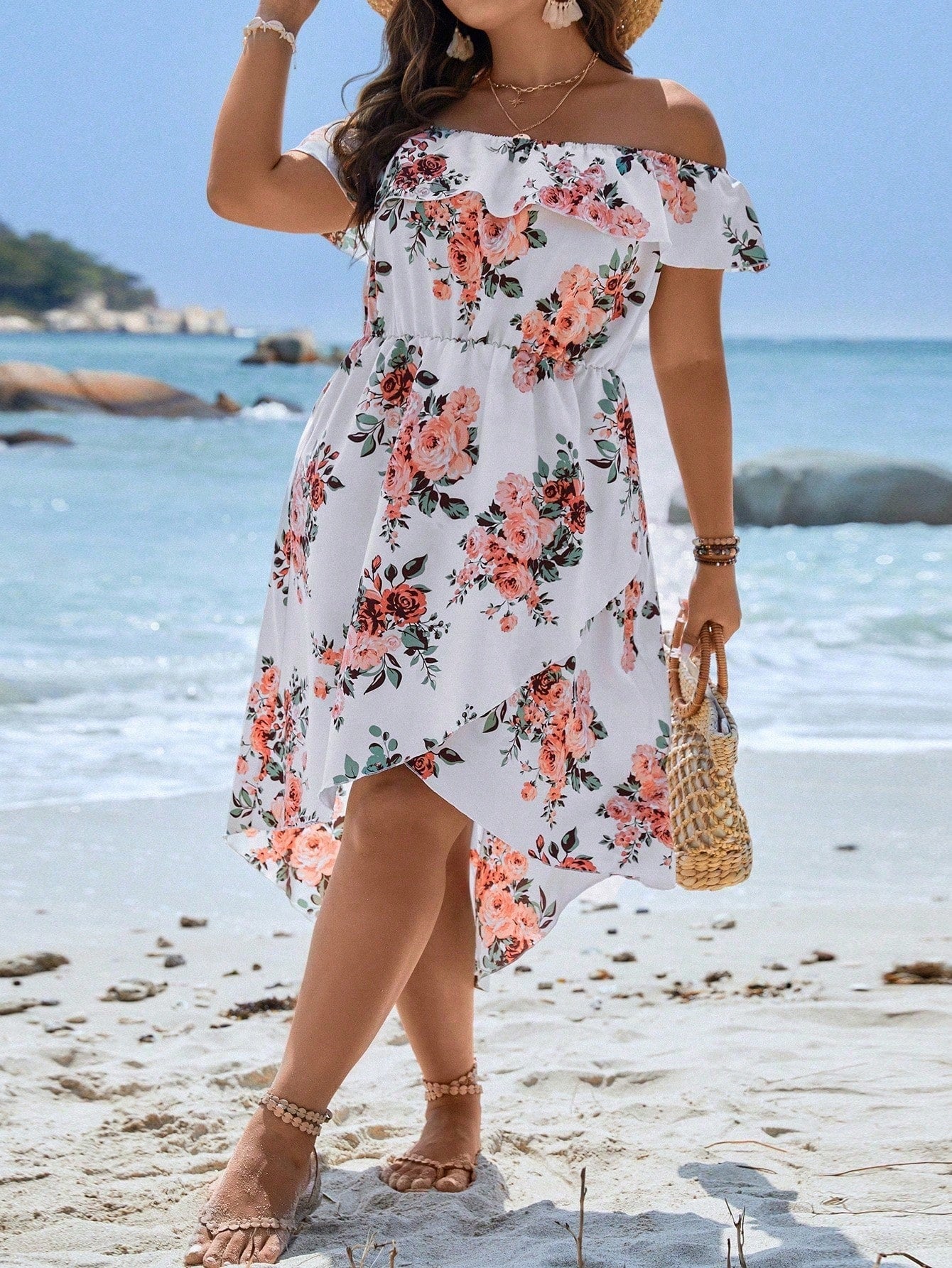 VCAY Plus Size Floral Print Off Shoulder Wrap Hem Dress