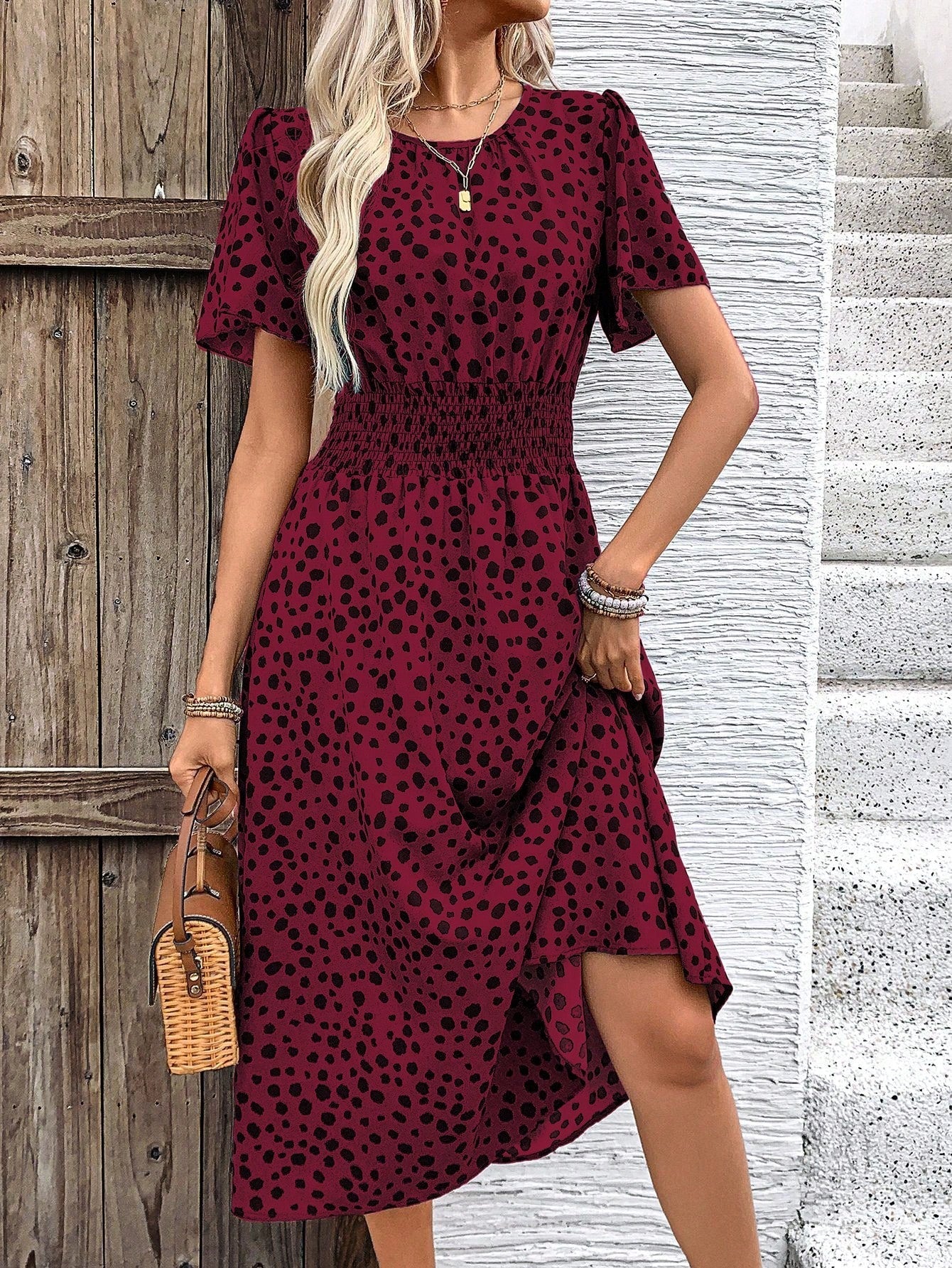 LUNE Women Elegant Short Sleeve Round Neck Waist Tie Long Printed Dress For Summer Holiday