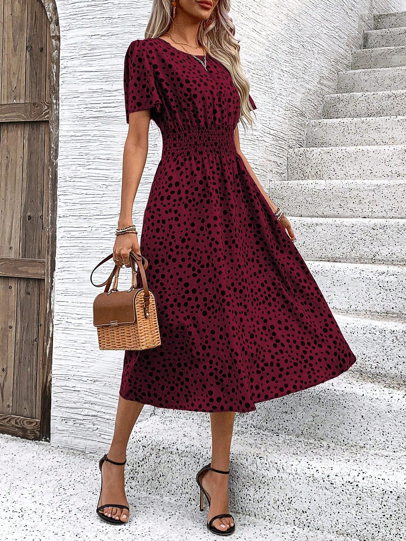 LUNE Women Elegant Short Sleeve Round Neck Waist Tie Long Printed Dress For Summer Holiday