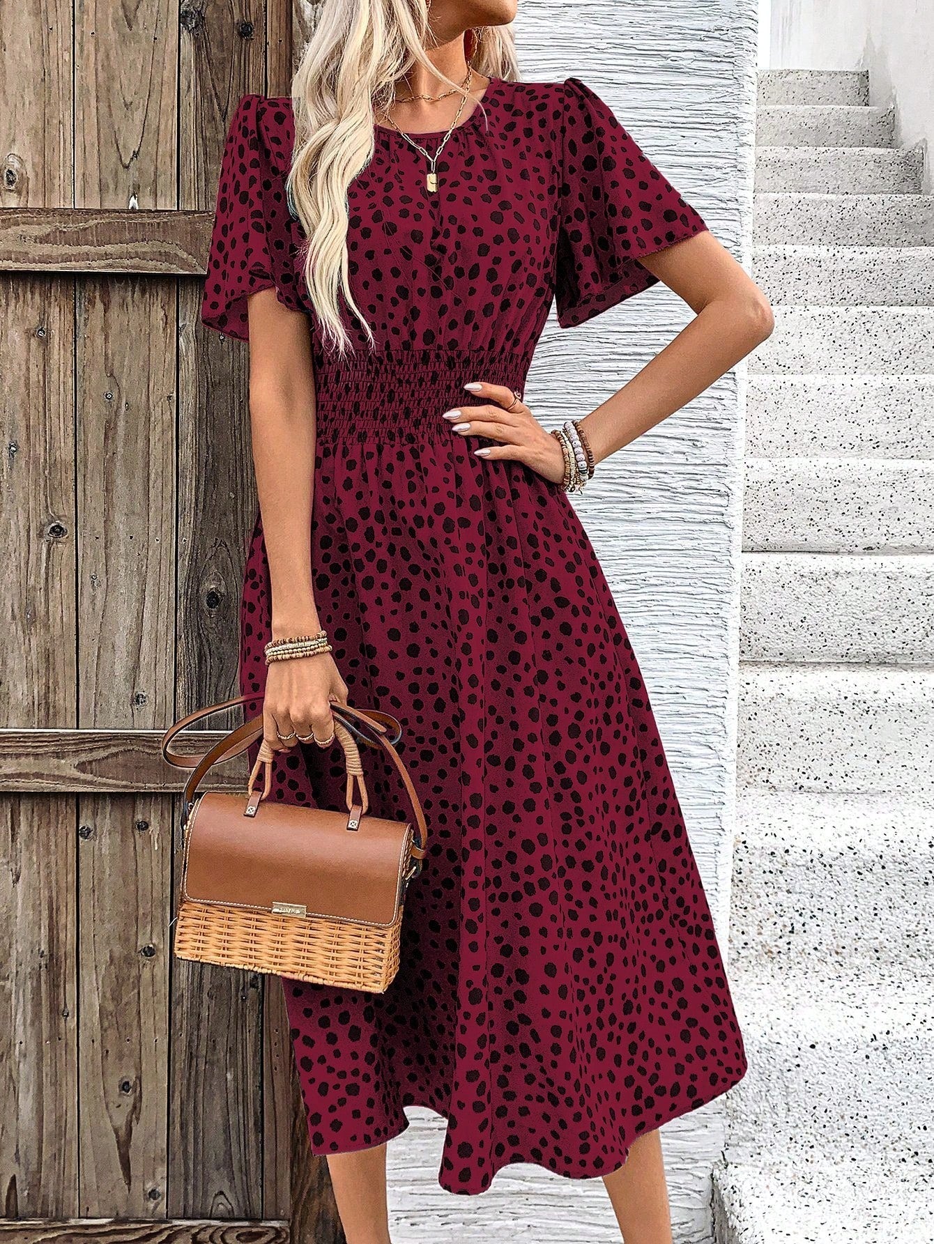 LUNE Women Elegant Short Sleeve Round Neck Waist Tie Long Printed Dress For Summer Holiday