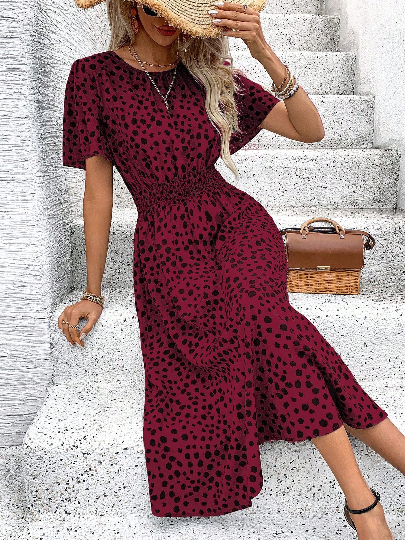 LUNE Women Elegant Short Sleeve Round Neck Waist Tie Long Printed Dress For Summer Holiday