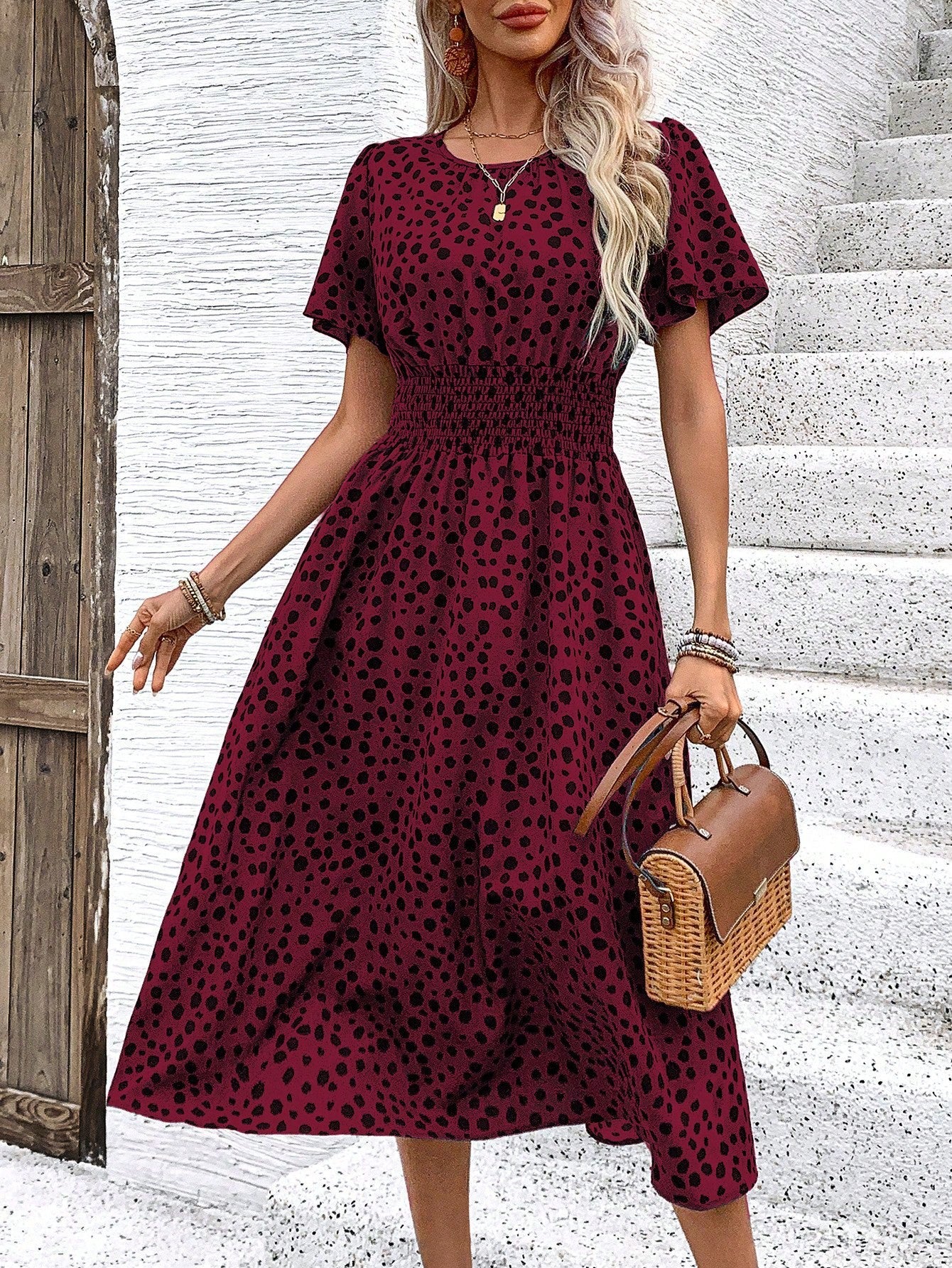 LUNE Women Elegant Short Sleeve Round Neck Waist Tie Long Printed Dress For Summer Holiday