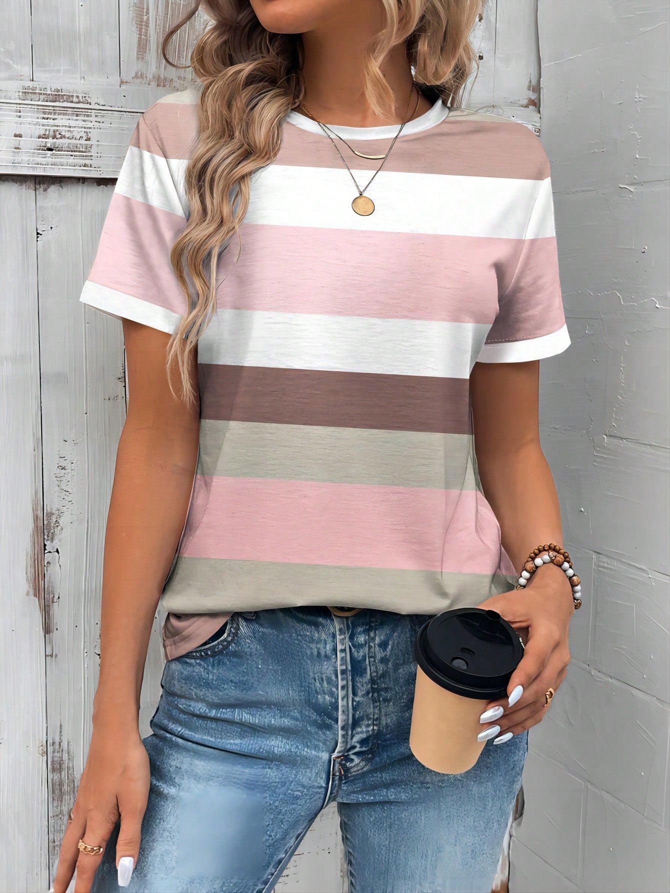 LUNE Striped Color Block Short Sleeve Summer Casual Women T-Shirt