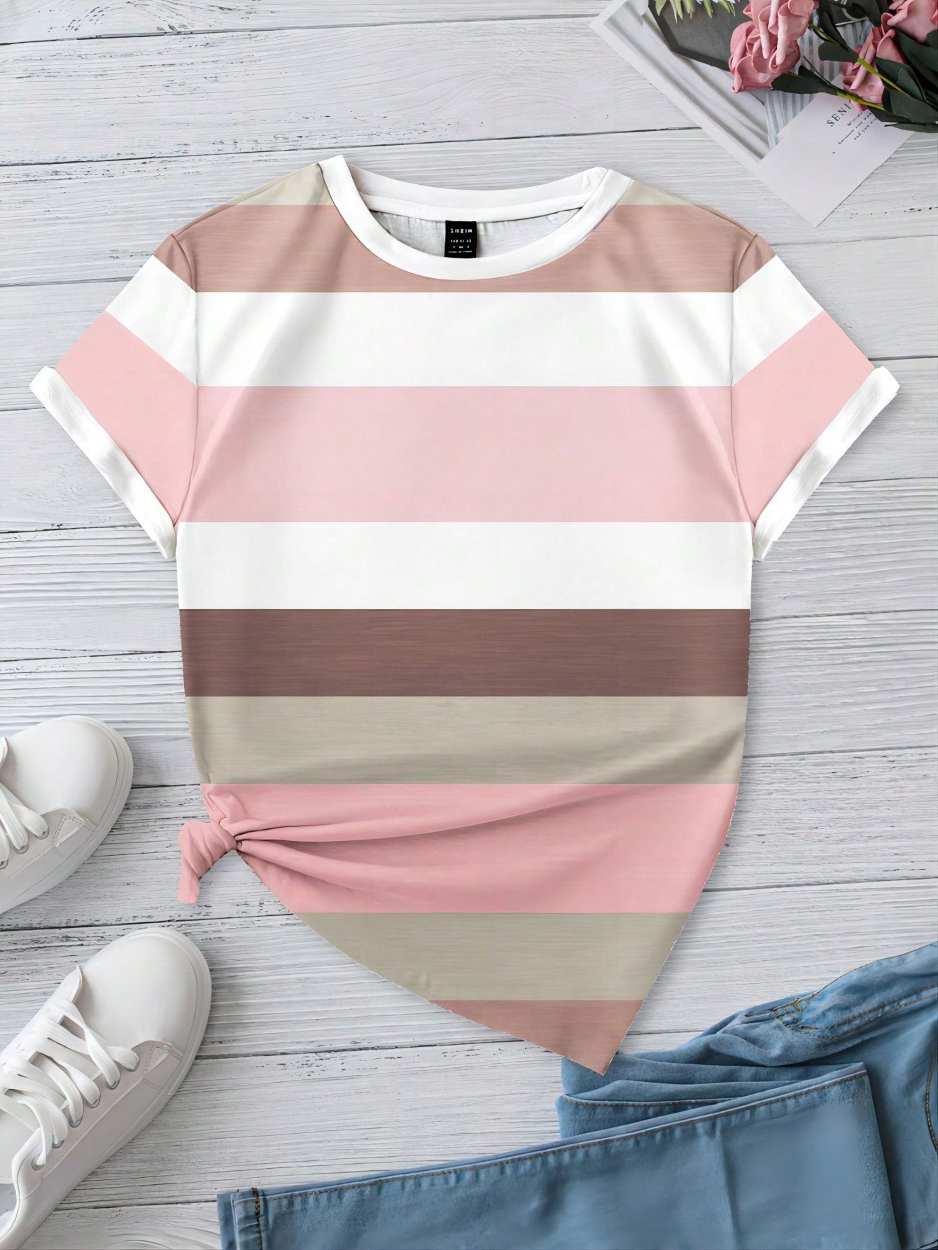 LUNE Striped Color Block Short Sleeve Summer Casual Women T-Shirt