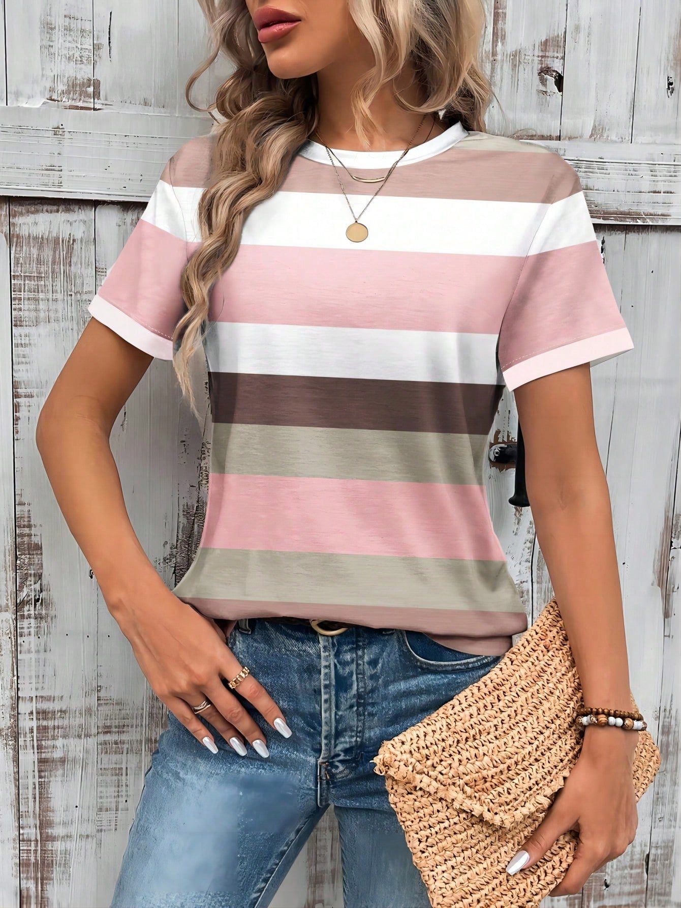 LUNE Striped Color Block Short Sleeve Summer Casual Women T-Shirt