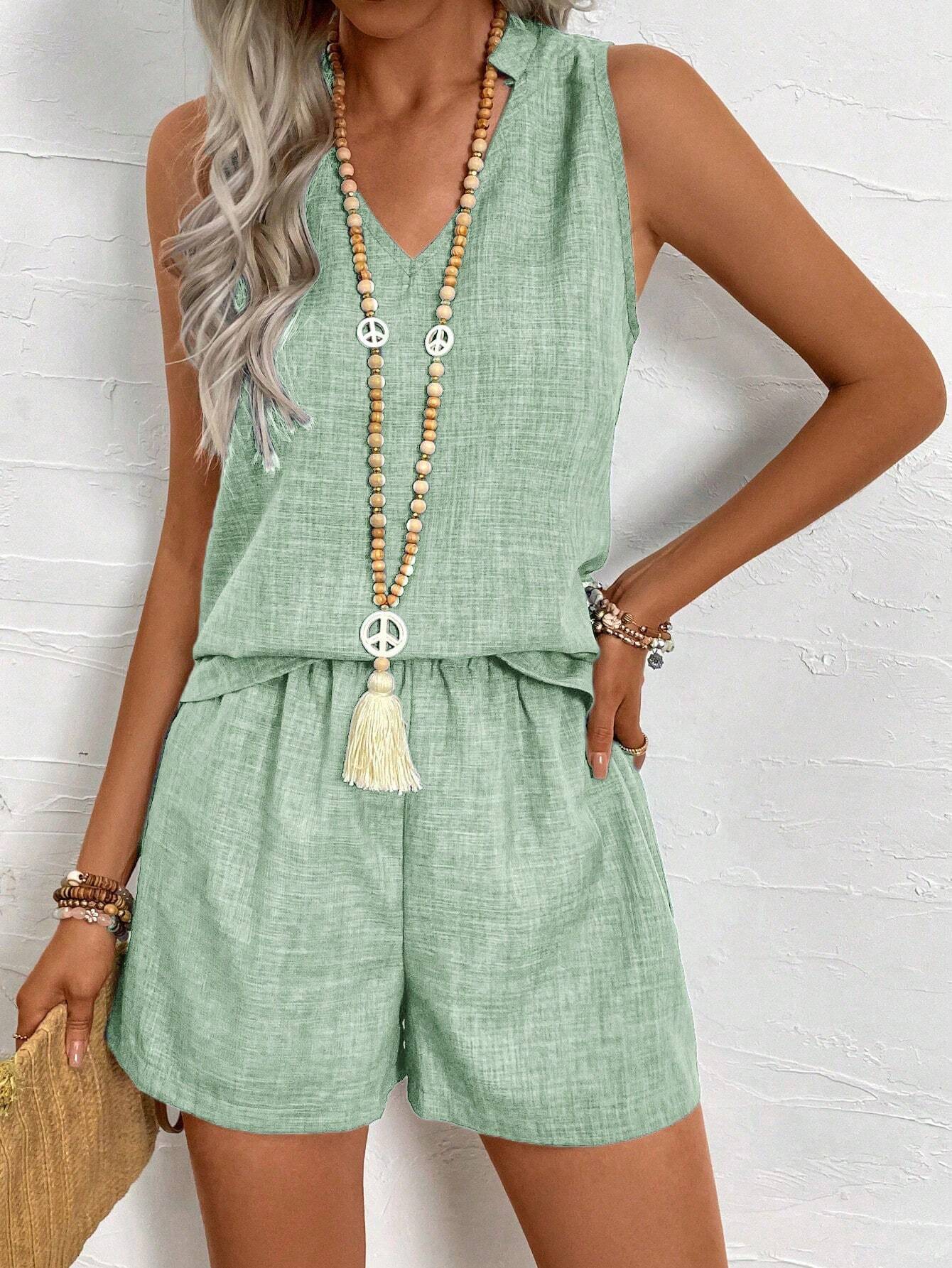 Women Fashionable Loose Fit Casual Vest And Shorts Set, Versatile Style