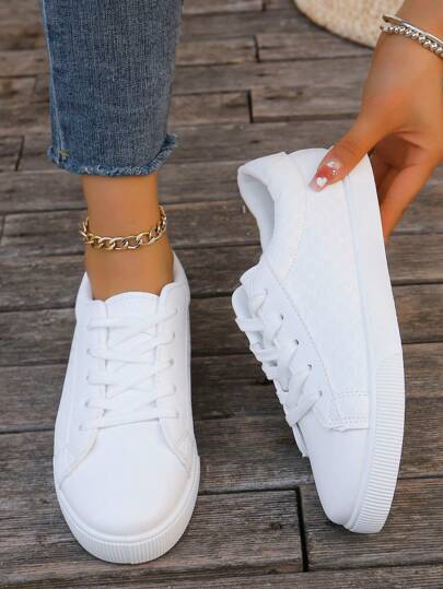 Fashion White Sneakers For Students, Comfortable Flat Front Lace-Up Casual Sports Shoes