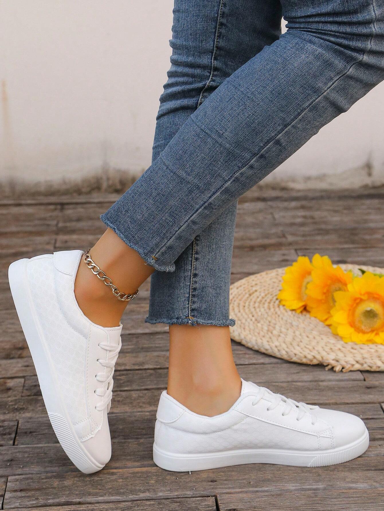 Fashion White Sneakers For Students, Comfortable Flat Front Lace-Up Casual Sports Shoes