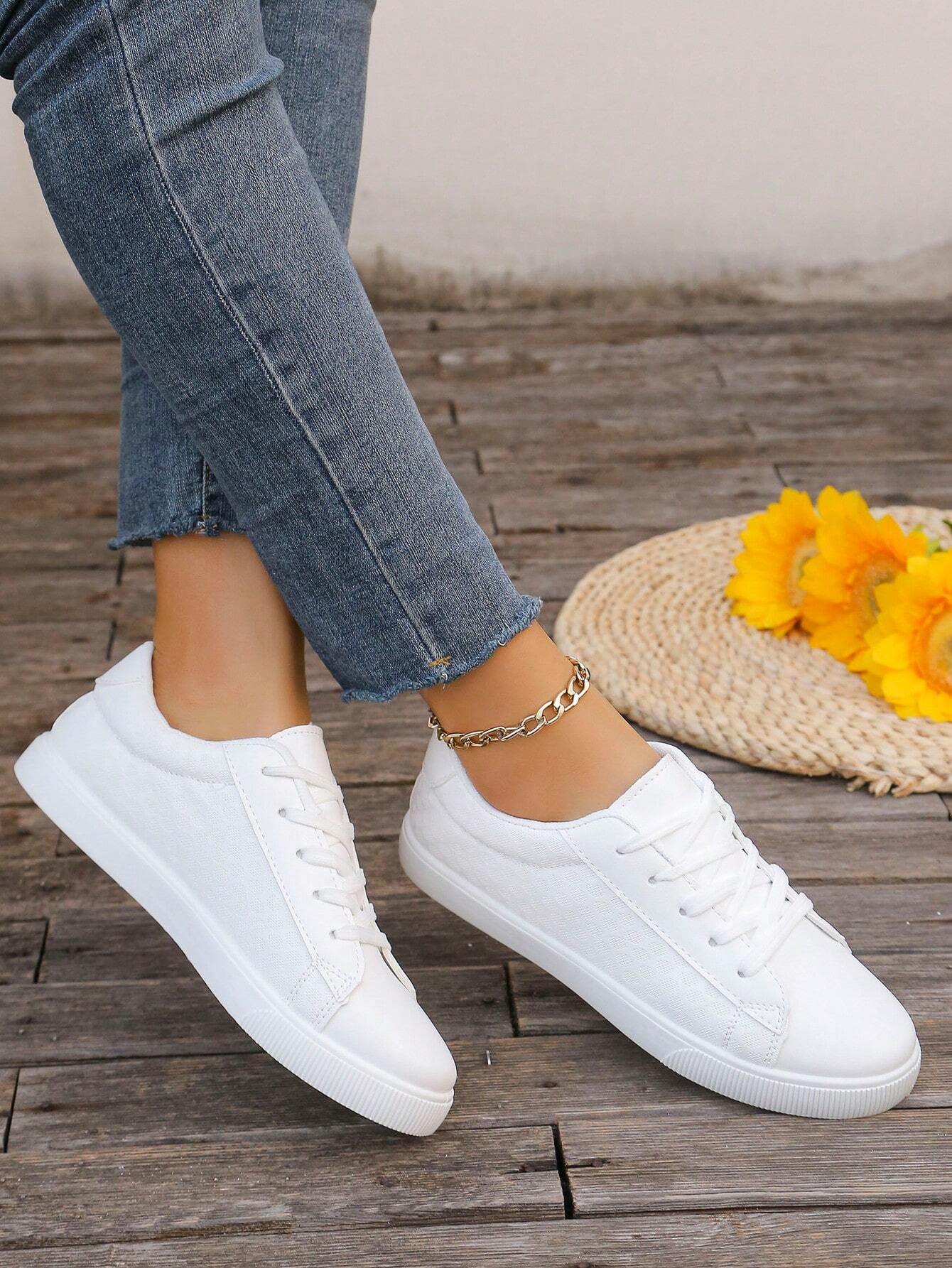 Fashion White Sneakers For Students, Comfortable Flat Front Lace-Up Casual Sports Shoes