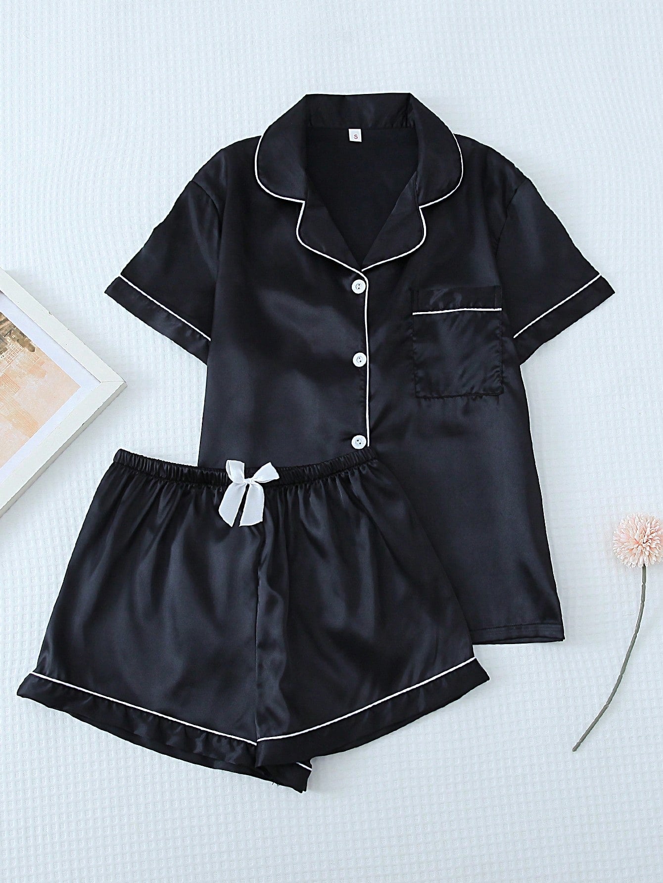 2pcs/set Satin Blue Pajama Set Include Short Sleeve Lapel Top And Bowknot Shorts For Women, Homewear