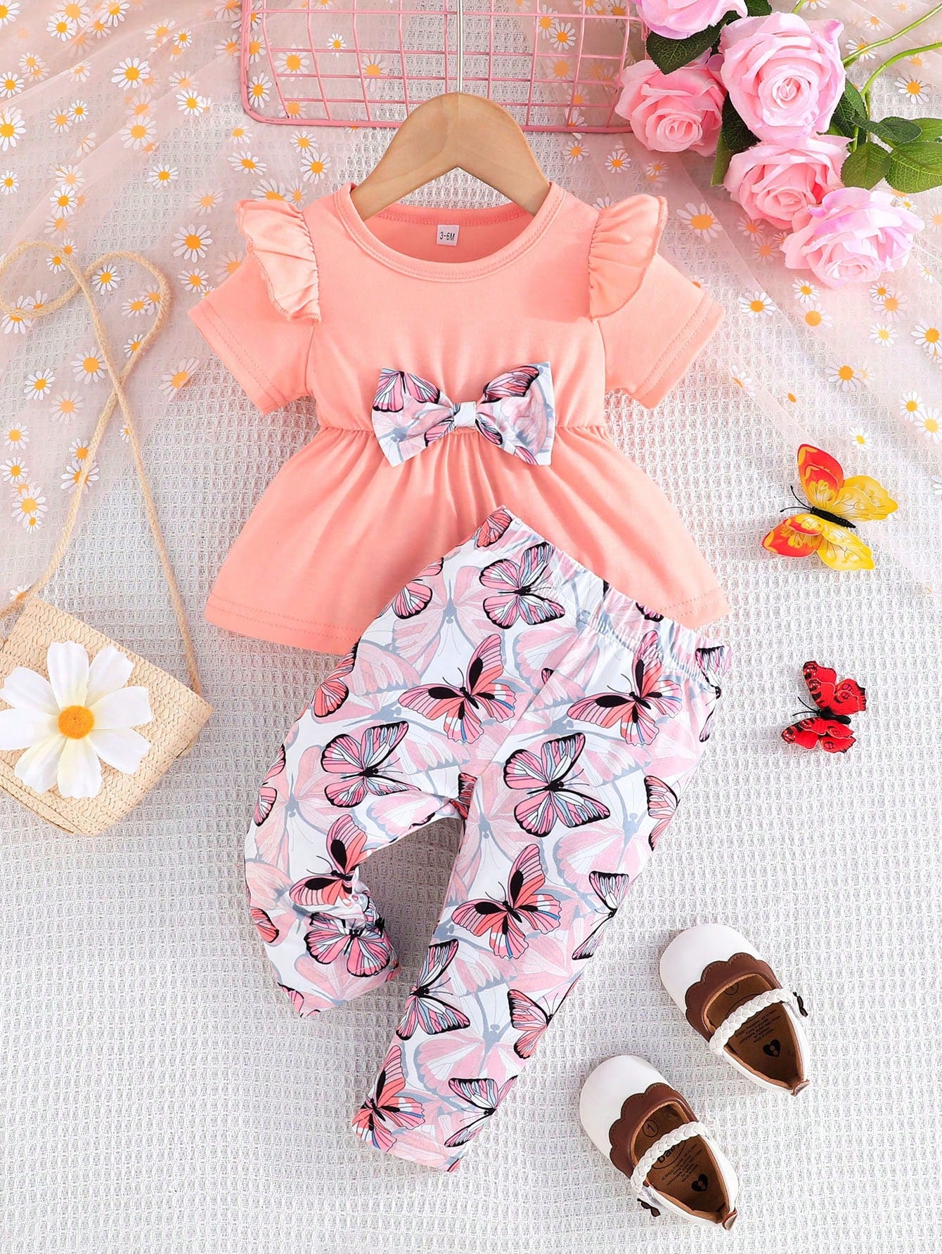 Baby Girls' Summer Short Sleeve Ruffle Trim Shoulder Bowknot Top With Bee Print Long Pants Casual Outfit