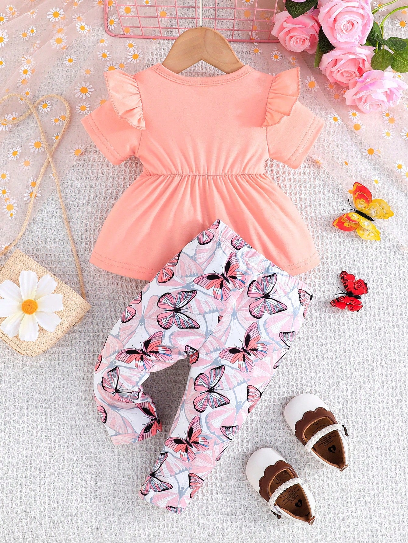 Baby Girls' Summer Short Sleeve Ruffle Trim Shoulder Bowknot Top With Bee Print Long Pants Casual Outfit