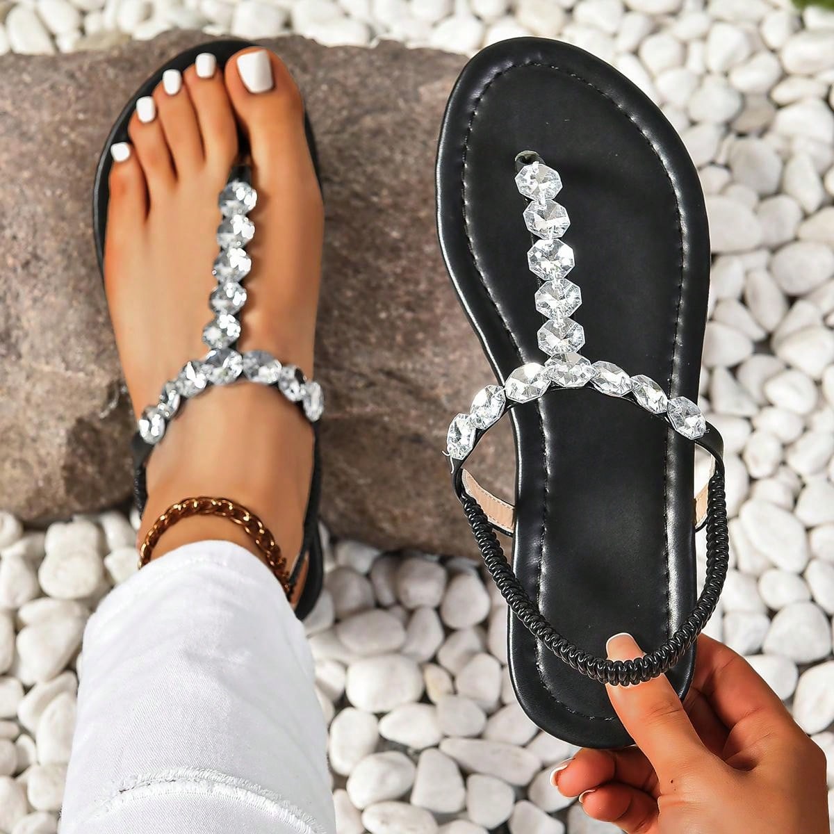 Women Handmade Beaded Flat Sandals Silver Toe Ring Design 2023 New Summer Roman Style Slippers With Rhinestones Elegant Plus-Size 43