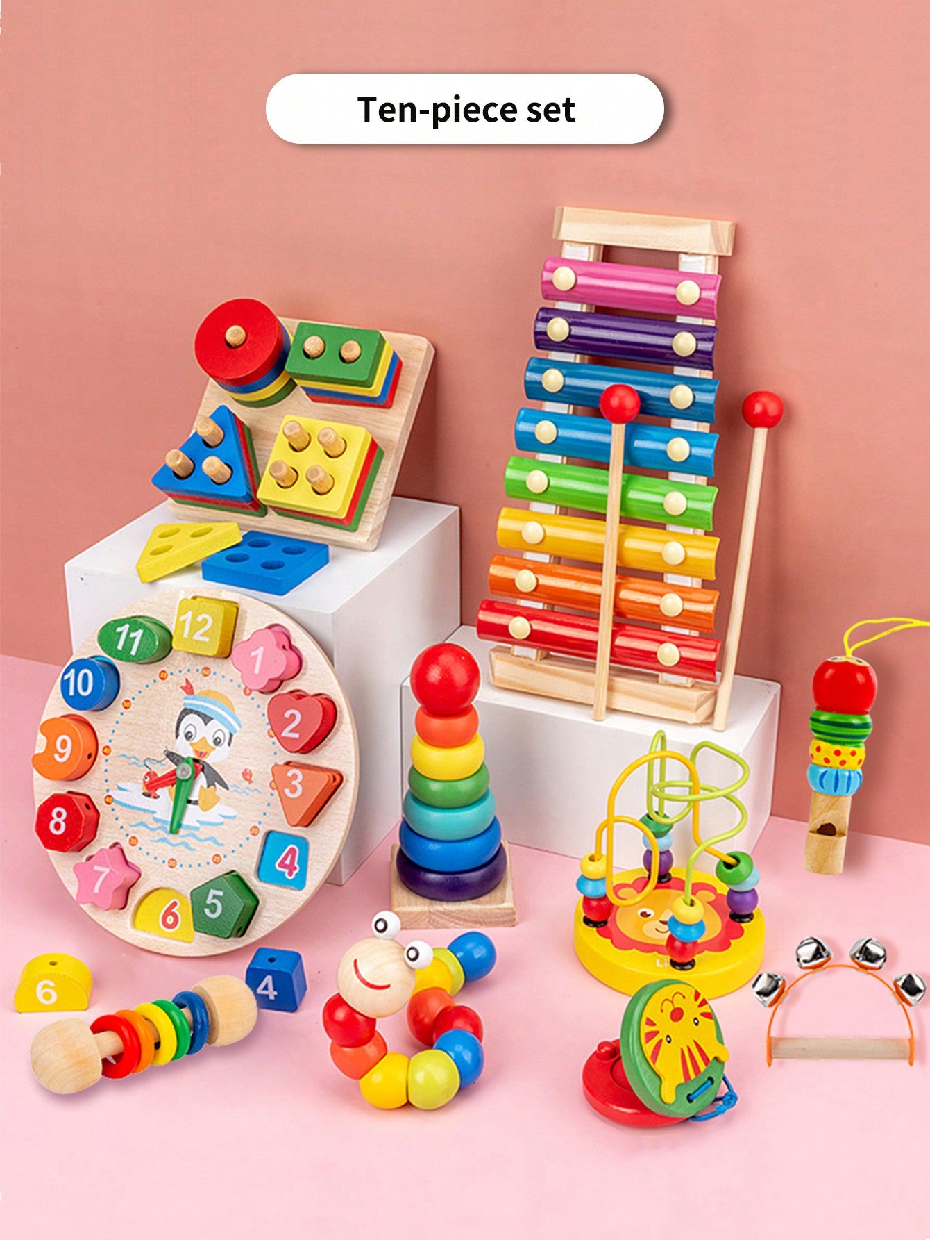 Christmas Decoration 10pcs Montessori Educational Wooden Toys For Boys Girls, Preschool Learning Toys Suitable For 3-6 Years Old Kids, Great Birthday/Halloween/Christmas Gifts